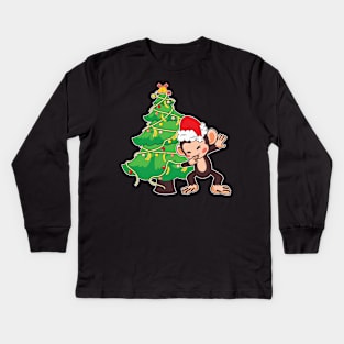 Dabbing Kawaii Monkey Christmas Tree Kids Long Sleeve T-Shirt